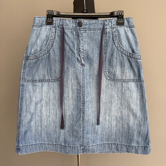 Talbots denim knee length skirt - tie waist - zip fly - cotton - blue - size 8 - Picture 1 of 9